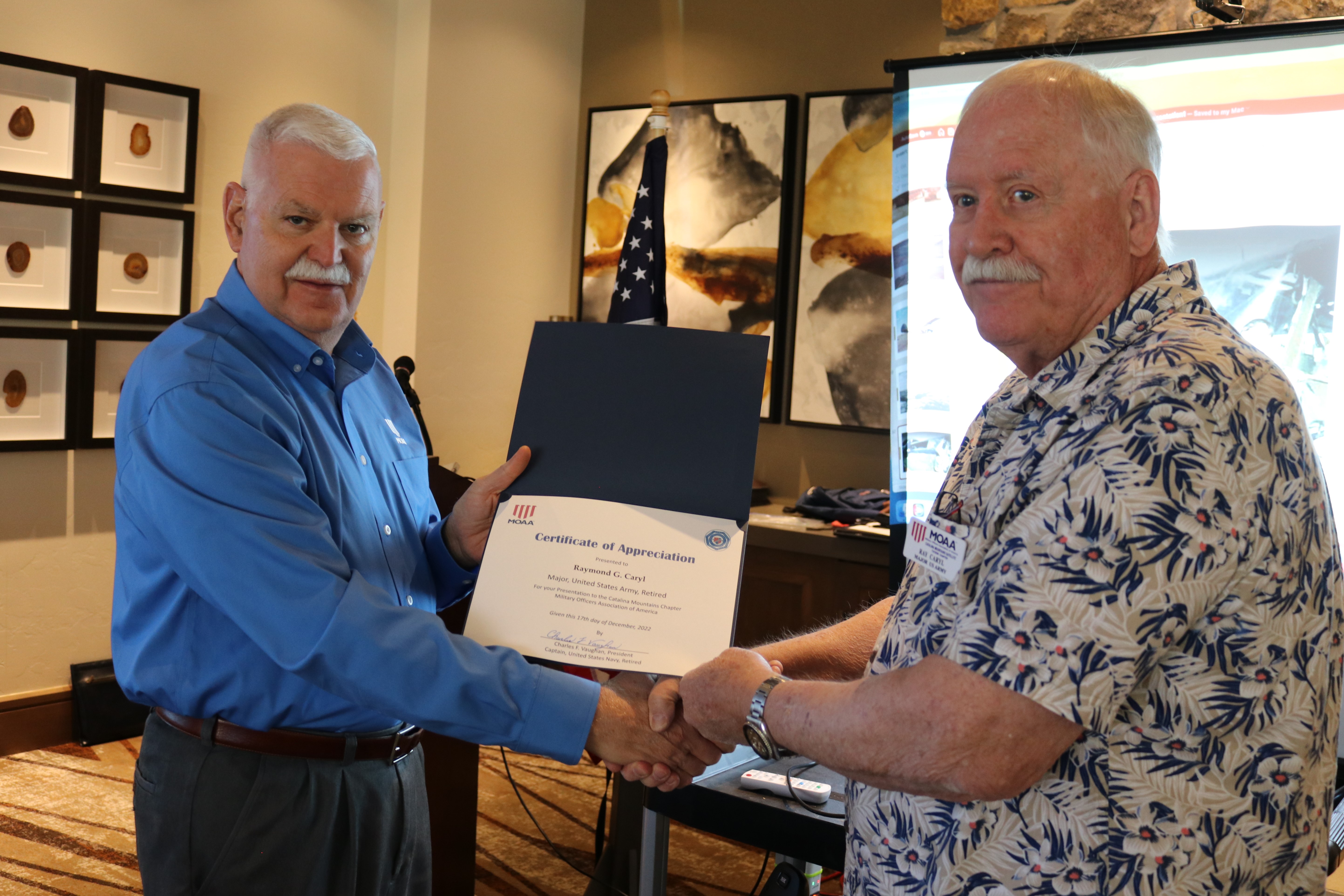 Certificate of appreciation presented to Maj Ray Caryl